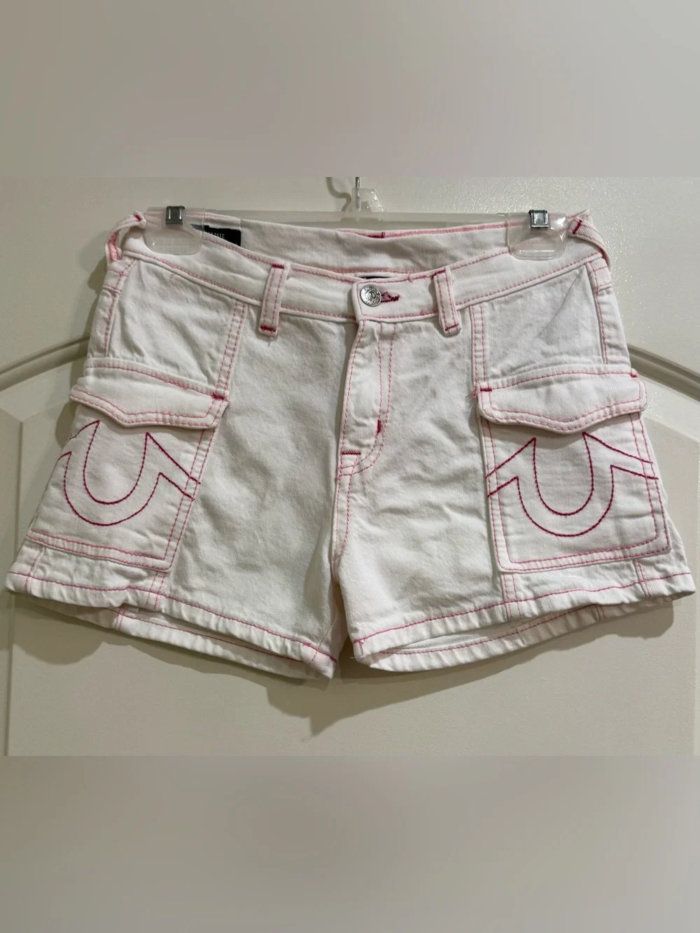 True Religion women’s Maisie Cargo Shorts. White with pink stiching. Size 14